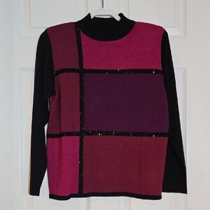 Drapers & Damons Black, Pink, Purple Colorblock Long Sleeve Sweater Large Petite